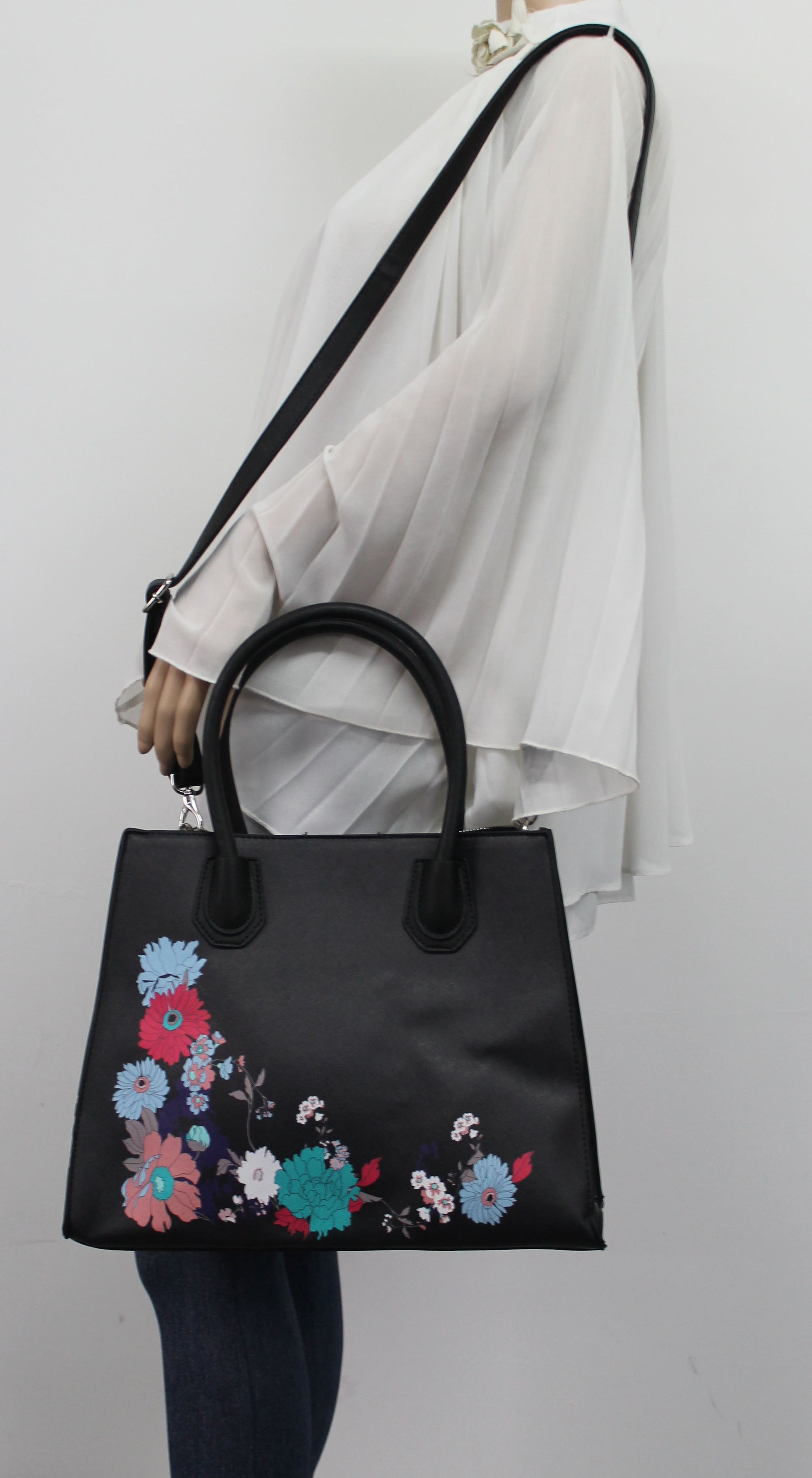 Hanna Floral Handbag BlackBeautiful Cute Animal Faux Leather Clutch Bag Handles Strap Summer School