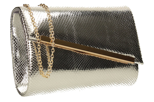SWANKYSWANS Isla Snakeskin Shiny Clutch Silver Cute Cheap Clutch Bag For Weddings School and Work