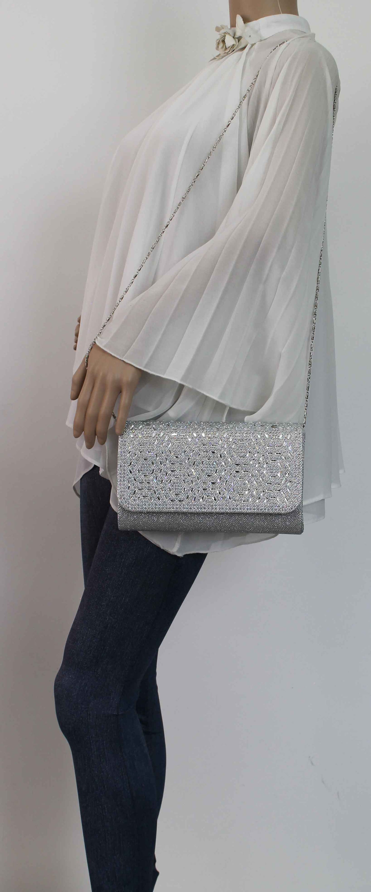 SWANKYSWANS Sophie Diamante Clutch Bag Silver Cute Cheap Clutch Bag For Weddings School and Work