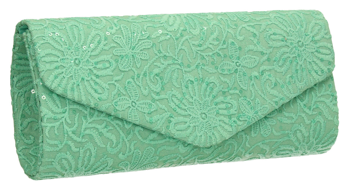 SWANKYSWANS Julia Lace Sequin Clutch Bag Green Cute Cheap Clutch Bag For Weddings School and Work