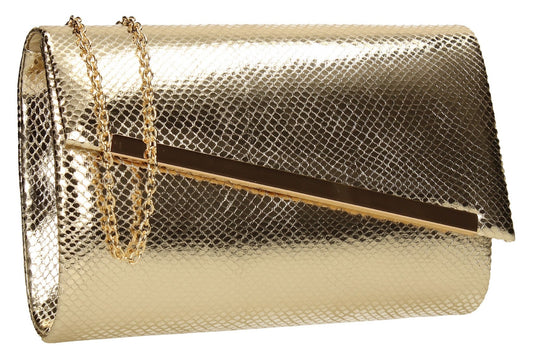SWANKYSWANS Isla Snakeskin Shiny Clutch Gold Cute Cheap Clutch Bag For Weddings School and Work
