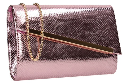 SWANKYSWANS Isla Snakeskin Shiny Clutch Pink Cute Cheap Clutch Bag For Weddings School and Work