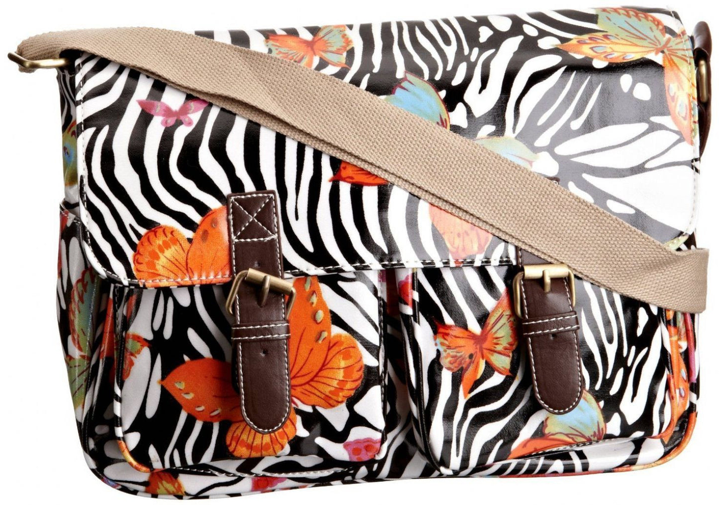 Swanky Swans Maple Butterfly Print Double Pocket Satchel Black Perfect for Back to school!