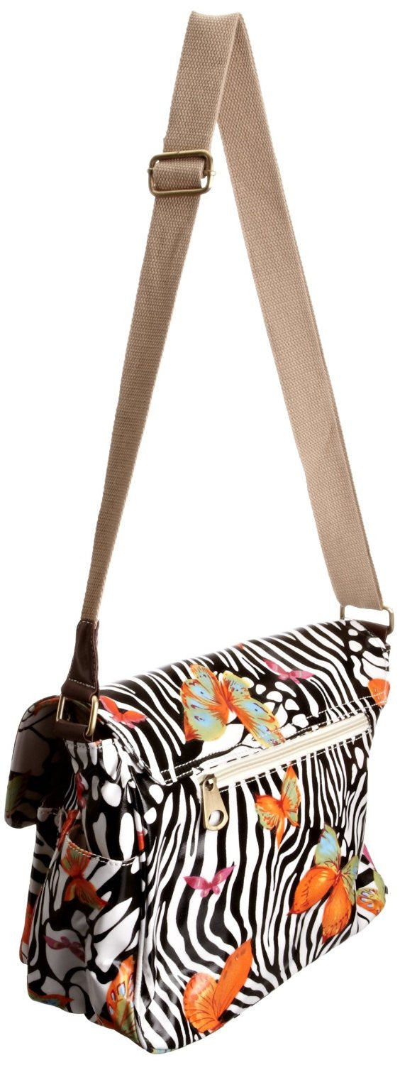 Swanky Swans Maple Butterfly Print Double Pocket Satchel Black Perfect for Back to school!