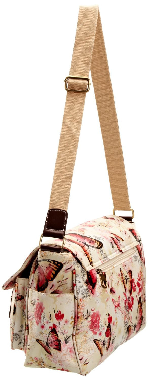 Swanky Swans Maple Butterfly Print Double Pocket Satchel Off White Perfect for Back to school!