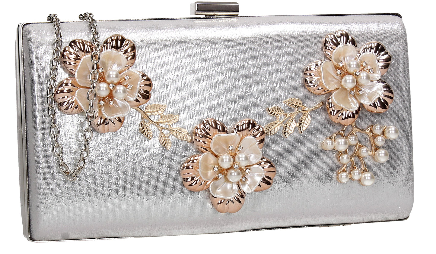 SWANKYSWANS Payton Floral Detail Clutch Bag Silver Cute Cheap Clutch Bag For Weddings School and Work