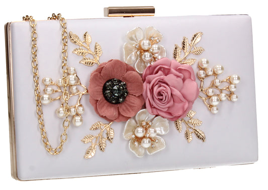 SWANKYSWANS Valery Floral Detail Clutch Bag White Cute Cheap Clutch Bag For Weddings School and Work